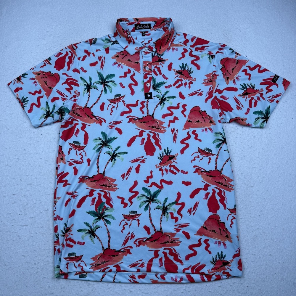 Bad Birdie Polo Shirt Mens Medium Blue Tropical Island Golf Performance Stretch